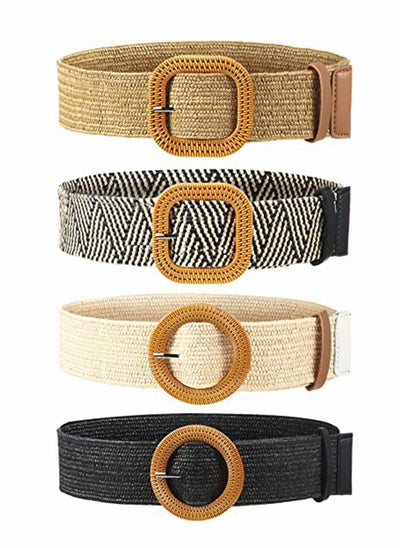 اشتري 4 Pcs Women Waist Belt, Straw Woven Elastic Stretch Waist Belt في السعودية