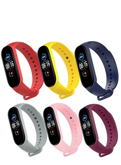 Buy Band Strap for Mi Band 5 and Mi Band 6 Wristband Soft Silicone Strap (Pack of 6) (Pink Sand-Dark Blue-Wine Red-Yellow-Red-Grey) in UAE