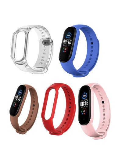 Buy Band Strap for Mi Band 5 and Mi Band 6 Wristband Soft Silicone Strap (Pack of 5) (Pink Sand- Blue-Red-brown-clear) in UAE