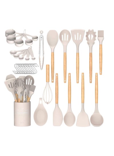 Buy Kitchen Cooking Utensils Set, 35 pcs Non-Stick Silicone Cooking Kitchen Utensils Spatula Set with Holder, Wooden Handle Silicone Kitchen Heat Resistant Gadgets Utensil Set (Khaki) in UAE