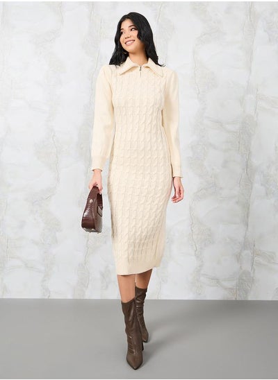 Buy Chunky Knit Zipped Collar Sweater Midi Dress in Saudi Arabia