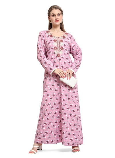 Buy FLORAL PRINTED FRONT EMBROIDERY STYLISH ARABIC KAFTAN JALABIYA DRESS in Saudi Arabia