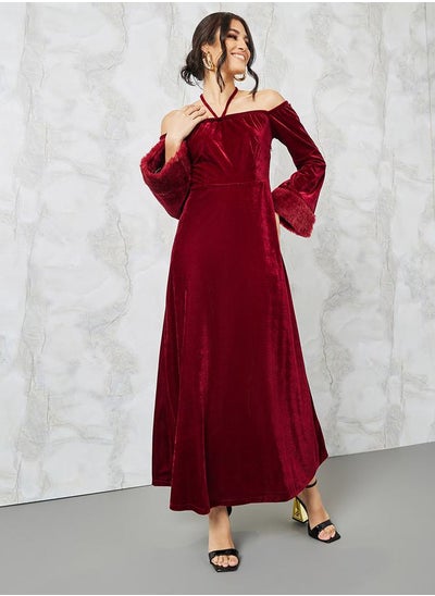 Buy Faux Fur Trim Velvet A-Line Maxi Dress in Saudi Arabia