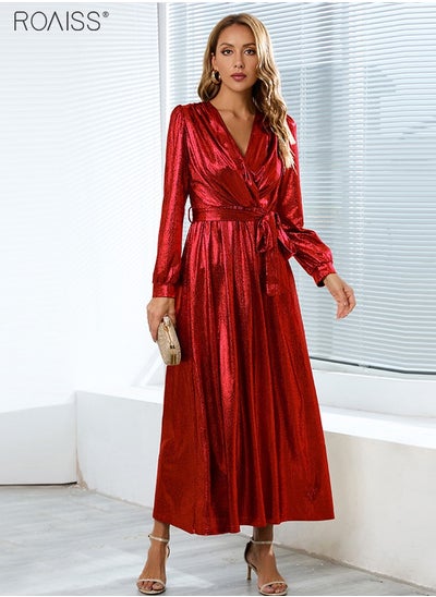 اشتري Women's V Neck Dinner Dress Long Sleeve Ankle Length Cocktail Dress Waist Belt Tightening Dress في السعودية