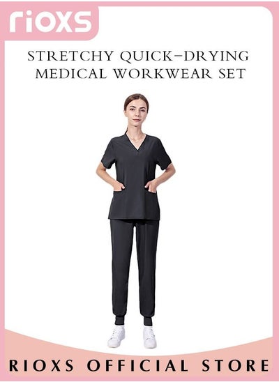 Buy Unisex Scrub Medical Uniform Women And Men Scrubs Set Short Sleeve Top And Pants in UAE