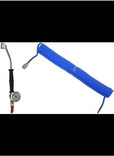 Buy Car Van Pressure Meter Air Inflator Dial Compressor Checker Tool & 10 Meter Spiral Hose in UAE