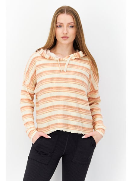 Buy Women Hooded Long Sleeve Stripe Crop Sweatshirt, Beige Combo in Saudi Arabia