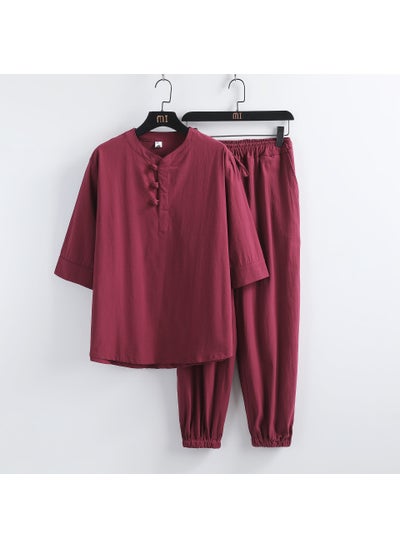 اشتري Summer Linen Mandarin Collar Mens Suit Wine red في الامارات