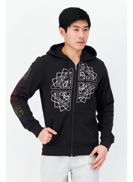 Buy Men Printed Full Zip Long Sleeve Fleece Sweatshirts, Black in UAE