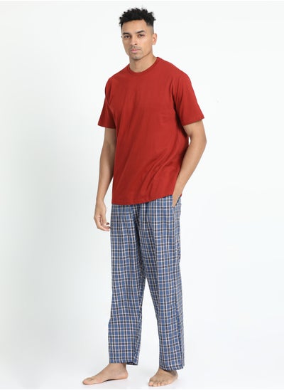 Buy Men's Cotton Pyjama Sets with Round Neck T-shirt in Red and Woven long pants in UAE