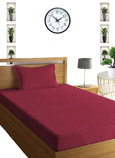 Buy Maroon Single Size Stripe Bed Sheet Set Cotton 100x200+15cm in UAE