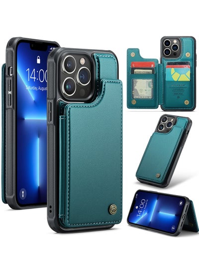 Buy Wallet Case for iPhone 13 Pro Max, Premium Handmade Durable PU Leather Slim Shockproof Case with [Double Magnetic Clasp] [Card Holder] [Kickstand] [RFID Blocking] (Green) in Egypt