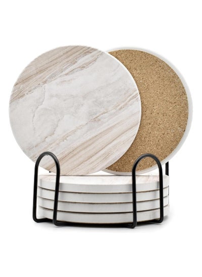 Buy 6Pcs Drink Coasters with Holder, Marble Style Ceramic Drink Coaster, Absorbent Coasters Set Suitable for Kinds of Cups, Modern Style Coasters for Coffee Table, 4 Inches in Saudi Arabia