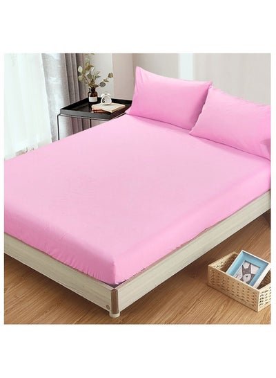 Buy 100% Turkish Cotton Fitted Sheet Set 180X200+25cm, 2 Pillow Cases 50X75 cm Pink in UAE