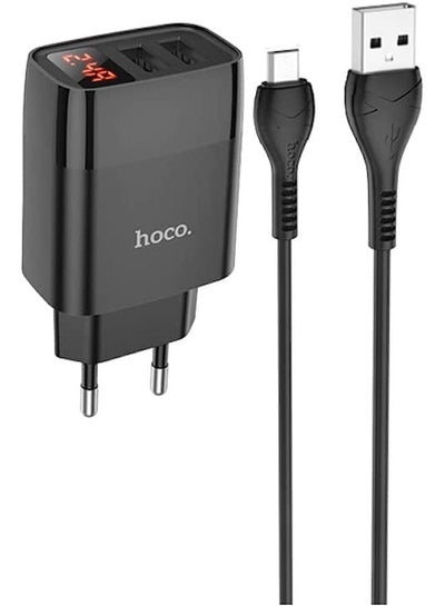 Buy Hoco C86A - Illustrious Dual Ports Charger With Digital Display, Set With USB-A To Micro-USB Cable (2.4A - 5V - 1M) Compatible with Samsung Xiaomi Huawei Oppo - Black in Egypt