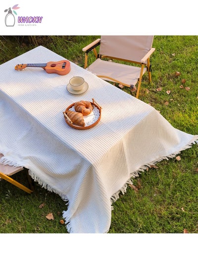 Buy Tablecloth, Terylene Cotton With Tassel End Table Dustproof Cover, Picnic Blanket, White in Saudi Arabia