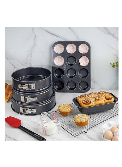 Buy Betty Crocker Baking SET 8 Pcs (3*springform + 1*Muffin Pan 12 cups + 1*Loaf Pan+ 1*Measure cup 360ml + 1*Cooling Rack + 1*Silicon spatula) Thickness 0.4M in UAE