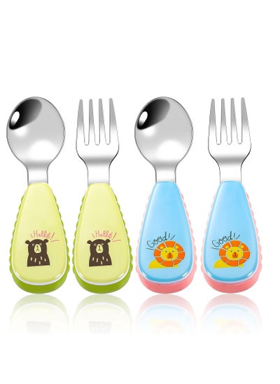 Buy 4 Pieces Stainless Steel Baby Utensils Cutlery Set, Plastic Handle Toddler Spoons Forks Self Feeding for 12 Months Plus Toddler Kids Children in UAE