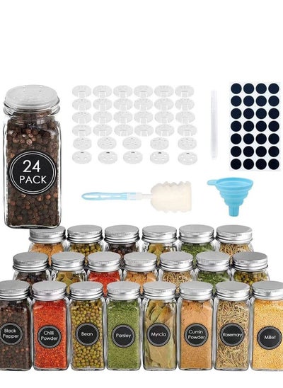 اشتري KSA Glass Spice Jars,24 PCS Empty Square Spice Bottles Containers with Shaker Lids and Airtight Metal Caps 144 Spice Labels and Chalk Marker and Silicone Collapsible Funnel في السعودية