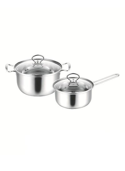 Buy Set of 4 Cookware Set Stainless Steel Soup Pots and Single Hand Milk pot with Tempered Glass Lid in UAE