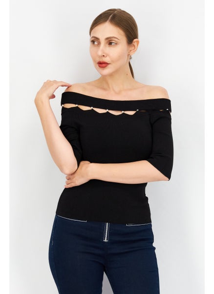 اشتري Women Off Shoulder Elbow Sleeves Plain Top, Black في الامارات