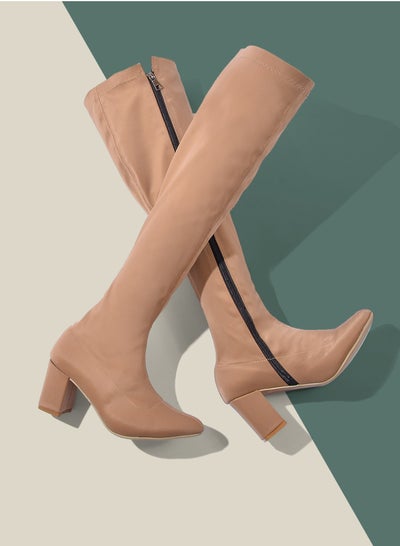 Buy Long  Leather Boots And Side Zipper-Beige in Egypt