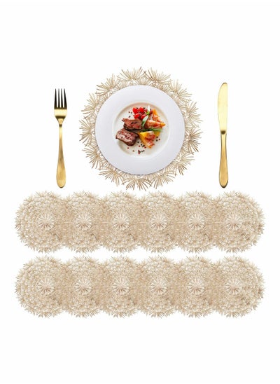 Buy 12 Pack Pressed Vinyl Placemats, 15 Inch Round Place Mats Metallic Dandelion Gold Table Mats for Dinning Table Centerpiece, Wedding Decoration, Party, Kitchen, Stain Resistant, Washable in Saudi Arabia