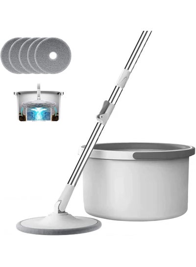 Buy Spinning Mop Bucket Set 360° Flat Mop with Self-Separating Dirty and Clean Water System 4 Pieces Microfiber Pads Extended Handle for All Types of Floor Cleaning in Saudi Arabia