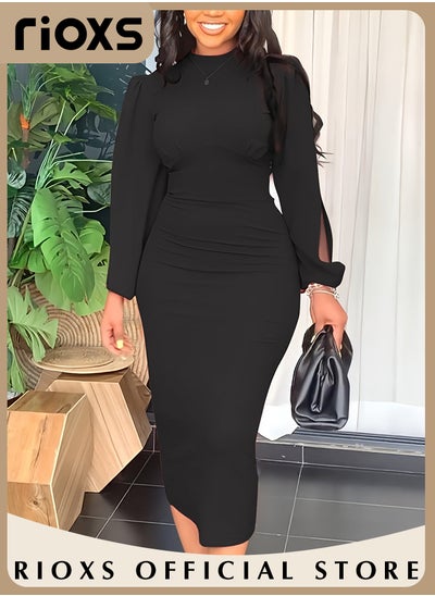 Buy Women's Fashion Solid Colour Pleated Dress Slim Split Sleeve Bodycon Dress Formal Midi Work Pencil Dress in Saudi Arabia