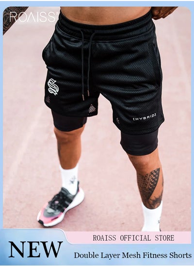 اشتري Fashionable Double-Layer Design Sports Shorts For Men'S Daily Fitness Elastic Waist Drawstring Design Multi-Pocket Mesh Quick-Drying Running Shorts في السعودية