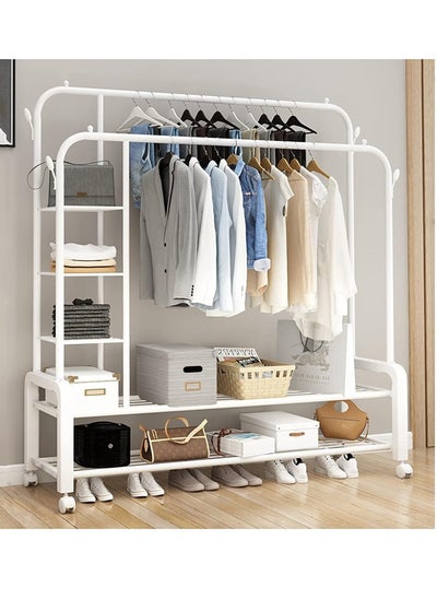 اشتري Metal clothes hanger organizer, clothes rack and side shelves, white with wheels في السعودية