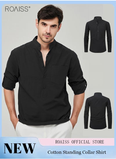 Buy Fashionable Business Casual Stand Collar Shirt Men'S Daily Commuting Adjustable Sleeves Chest Pocket Button Pullover in Saudi Arabia