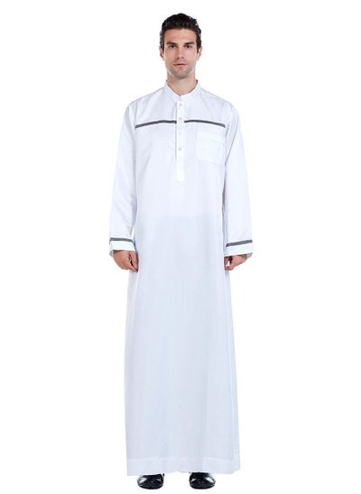 اشتري Mens Stand Collar Concise Style Long Sleeve Abaya Robe Islamic Arabic Casual Kaftan White في الامارات