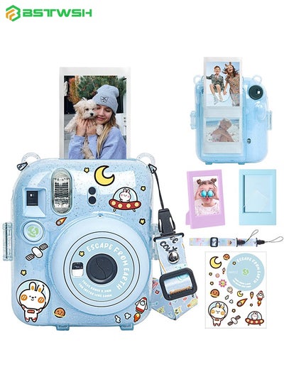 Buy 5 Pack Protective Clear Case for Fujifilm Instax Mini 12 Instant Camera - Crystal Hard Shell Cover with Upgraded Photo Pocket Holds 10 Films on Back and Adjustable Strap - Glitter Blue(No Camera) in Saudi Arabia