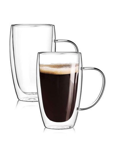 Buy 2-Pack 15 Oz Double Walled Glass Coffee Mugs with Handle Large Insulated Layer Coffee Cups Clear Borosilicate Mugs Perfect for Cappuccino Tea Latte Espresso Hot Beverage Microwave Safe in Saudi Arabia