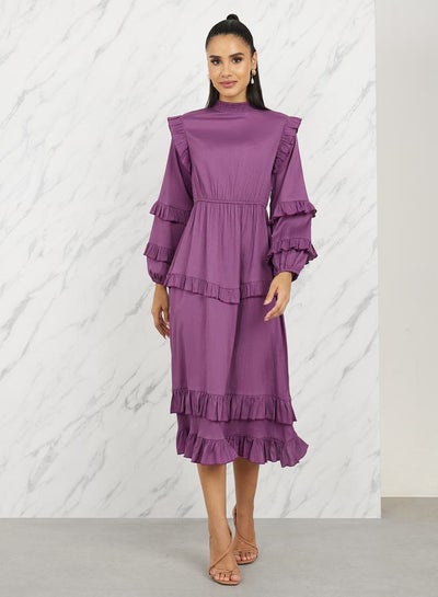 Buy Ruffle Detail High Neck Tiered Midi Dress in Saudi Arabia