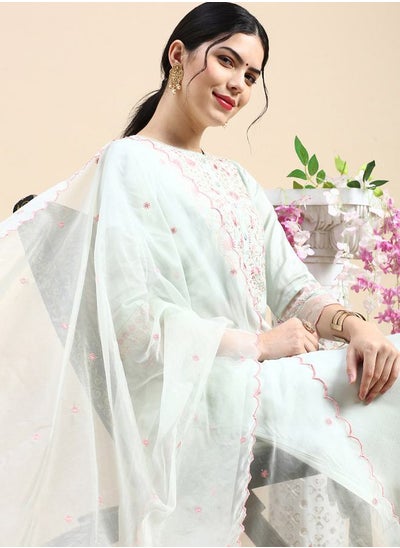 Buy All Over Embroidered Front Button Closure Kurta & Pocket Detail Pant with Dupatta Set in Saudi Arabia