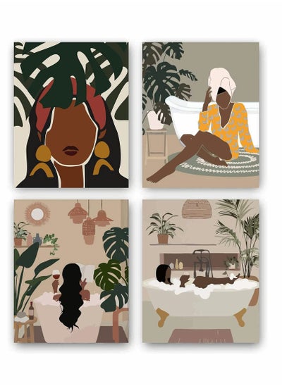 Buy Art Painting, Modern Minimalist Black Woman Leaf Set of 4 Fashion Pop Boho Queen Girl Room Poster Painting Female Bathroom Bedroom Dressing Room Wall Home Decor Frameless (7.9”X11.8'') in UAE