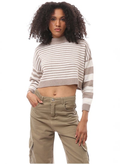 Buy Bi-Tone Long Sleeves White & Taupe Pullover in Egypt