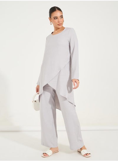 Buy Solid Layered Hem Top & Wide Leg Pants Modest Set in Saudi Arabia