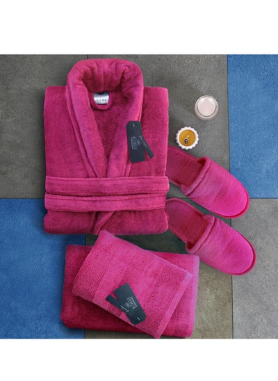 Buy Luxury Bathrobe - 100% Soft Velour Cotton - Dark Pink- 4 Pieces set - Unisex in UAE