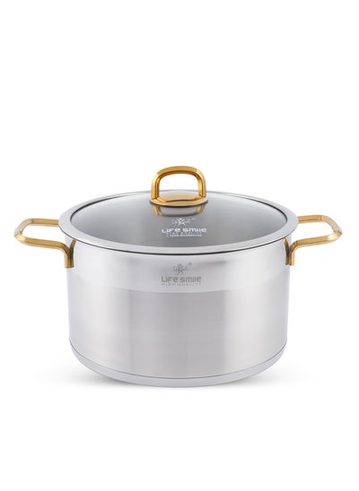 Buy 26cm (7.3 Liter) LIFE SMILE Cooking Pot with Lid 18/10 Pure Stainless Steel - Thick Induction Base Double Handle Stock Pot - Non-Toxic, 100% PFOA, PTFE & PFOS Free - Oven Safe Casserole in UAE