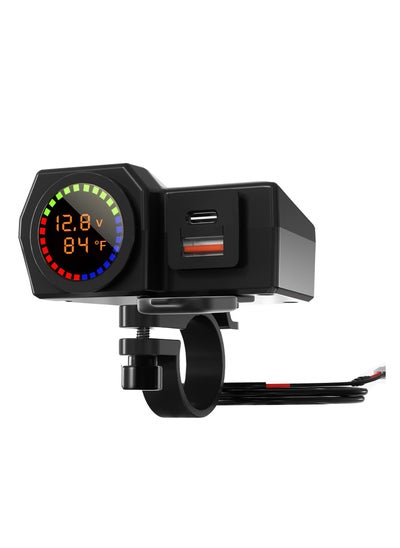 اشتري Motorcycle Phone Charger, Motorcycle Waterproof 3 in 1 USB Charger, With Voltmeter and Thermometer, Fast Charge QC 3.0/2.0 and PD, 12V for Motorcycle ATV UTV (7/8inch Handlebar) في السعودية