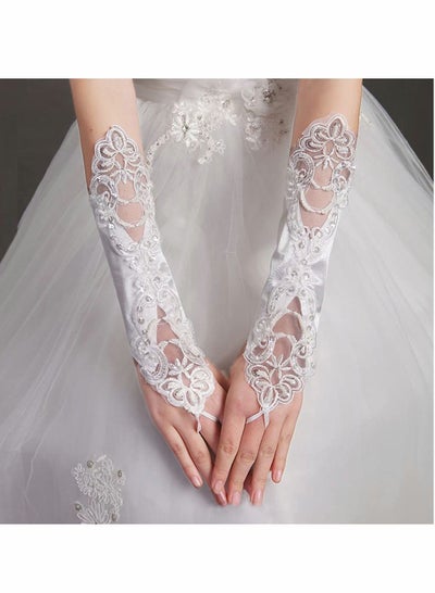 اشتري Satin Gloves, Formal Bridal Banquet Party Wedding Opera Black Mitten, Bow Lace Elegant with Wrist Ruffle Gloves for Women في السعودية