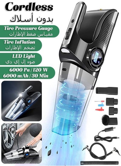 Buy Cordless Car Vacuum Cleaner - Rechargeable Dustbuster - Handheld Vacuum Cleaner with LED Light and Inflator - 6000Pa in Saudi Arabia