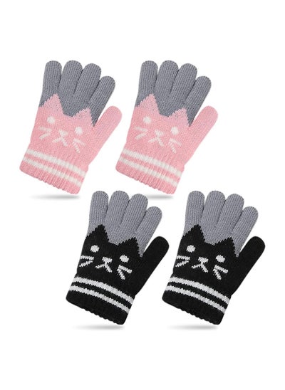 اشتري 2 Pairs Kids Winter Gloves Warm Knitted Soft Gloves lovely Cat Thermal Full Fingers Stretch Gloves Outdoor School Costume Daily Wearing for Boys Girls 3-8 Years Old (Black+Pink) في الامارات