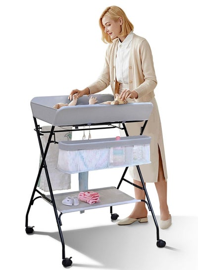 Buy Baby Changing Table Infant Diaper Changing Station with Wheels Foldable Nursery Changing Table Bath Mat and Storage Adjustable Height Newborn Massage Tables Diaper Organizer (Grey) in Saudi Arabia
