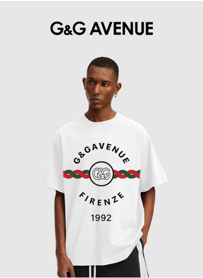 Buy Men's retro oversized T-shirt with letter pattern printed round neck short top, street clothing, cotton short sleeves Heavy cotton fabric in Saudi Arabia