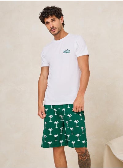 Buy Minimal Print T-Shirt & Tropical Print Shorts Set in Saudi Arabia