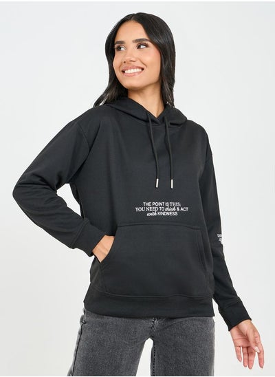 Buy Slogan Print Hooded Sweatshirt with Kangaroo Pockets in Saudi Arabia